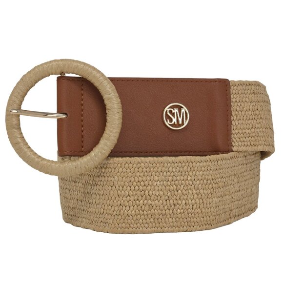 Steve Madden Wide Raffia Woven Stretch Waist Belt Brown Tan Round Buckle - Picture 1 of 12